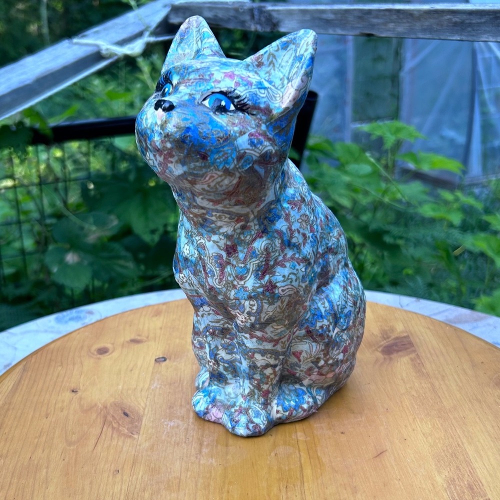Vintage Floral Chintz Decoupage Ceramic Cat Figurine Blue Kitsch Statue 9 Inch